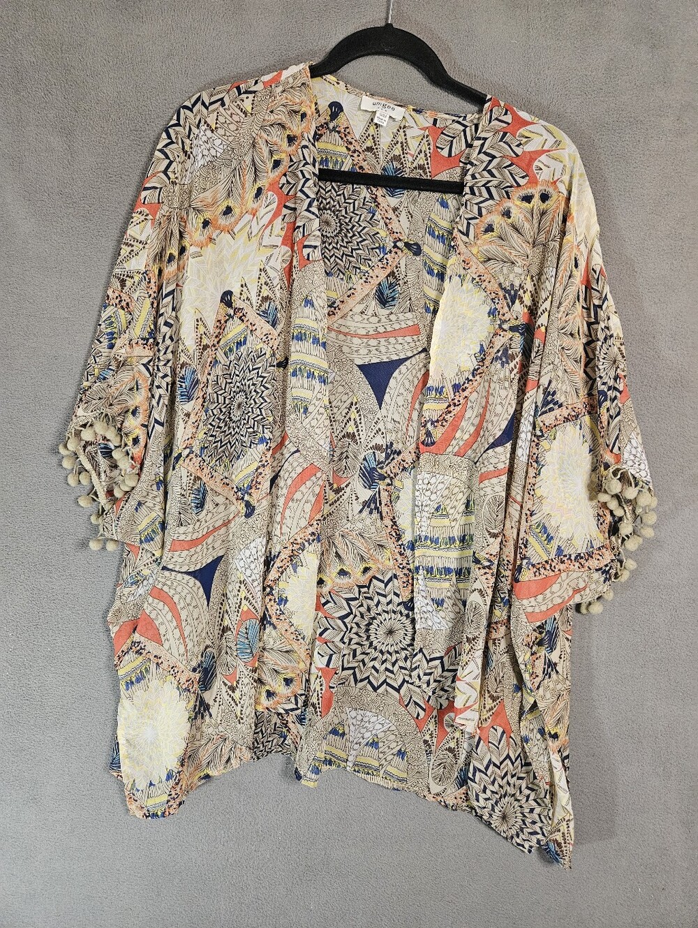 Umgee Womens Small / Medium Kimono Pom Pom Ball Sleeve Feather Sheer Boho